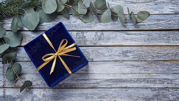 Fototapeta A beautifully wrapped navy gift box with a shiny gold ribbon sits on a rustic wooden surface. Surrounding it are fresh eucalyptus leaves, adding a touch of elegance and natural charm to the scene.