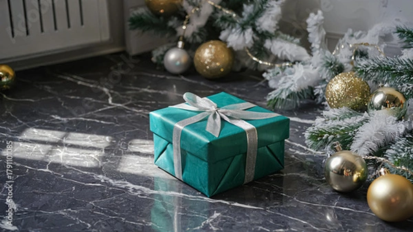 Fototapeta This charming photo shows a beautiful turquoise gift box with a silver ribbon resting on a marble floor, surrounded by festive gold ornaments and a snowy green wreath, capturing holiday cheer.