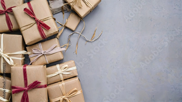 Fototapeta The image showcases a collection of elegantly wrapped brown gift boxes, adorned with colorful ribbons, arranged neatly on a light gray surface, creating a warm and inviting atmosphere perfect for any 