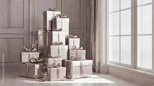 Fototapeta This elegant photo showcases a beautifully arranged pyramid of wrapped gifts in soft, neutral tones, accented with delicate ribbons. Sunlight filters through the window, enhancing the cozy atmosphere.
