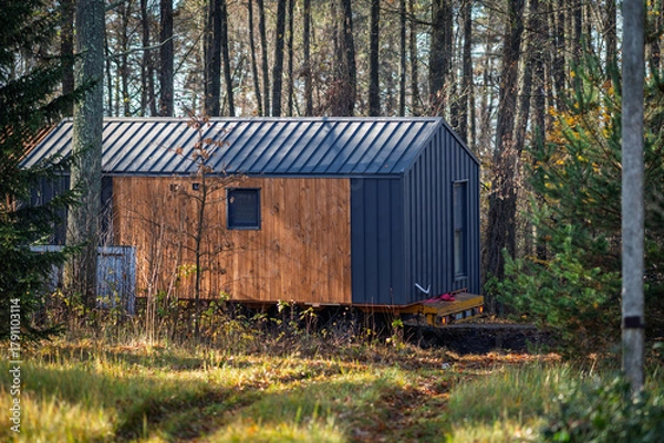 Obraz The modular house is transported through a forested area.