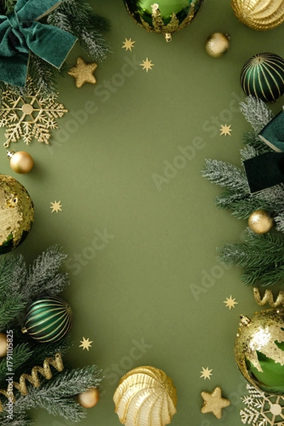Obraz Christmas frame with gold and green baubles, pine branches, velvet bows and glitter snowflakes on green background. Elegant festive template with copy space.
