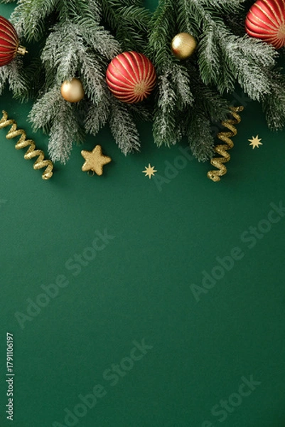 Fototapeta Christmas top border with pine branches, red and gold baubles, glitter stars and spiral ribbons on green background. Elegant festive flat lay.