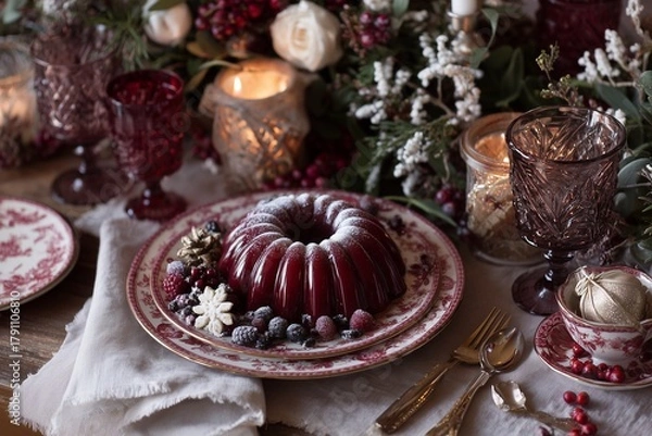 Obraz Elegant Holiday Table Featuring Red Jelly Dessert Surrounded by Festive Decor