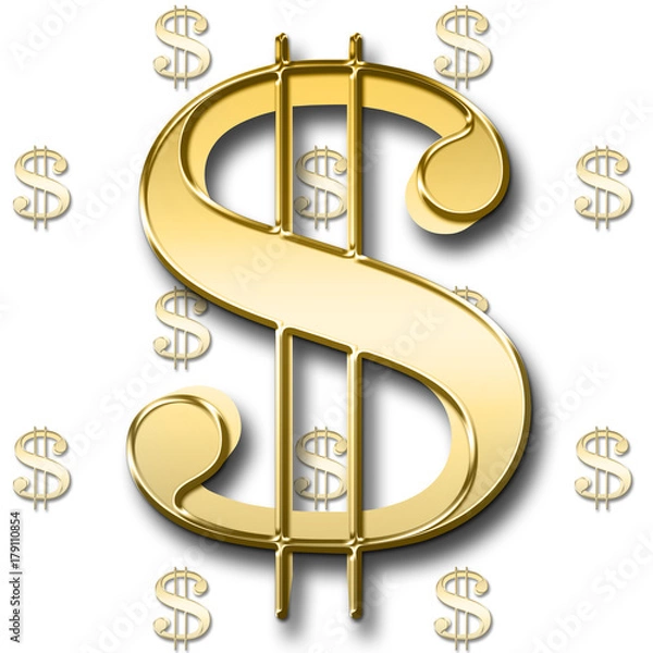 Obraz Stock Illustration - Golden US dollar Sign, Isolated against the White Background, 3D.