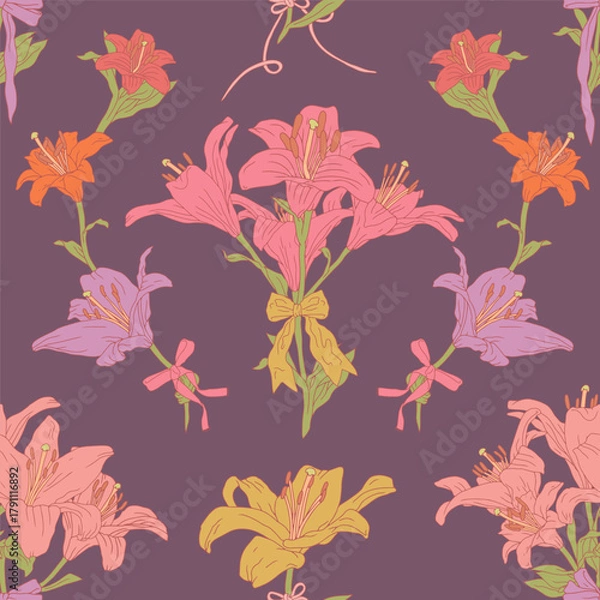 Fototapeta Vintage seamless pattern with hand drawn lily flowers and fancy bow knots on dark purple background