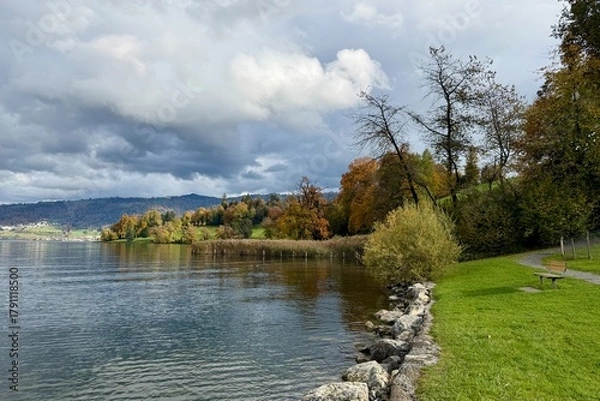 Fototapeta On the shore of Lake Zug in Buonas, Risch, a beautiful autumn day unfolds with crisp air, gentle waves, and a blue sky scattered with soft clouds.