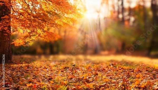 Fototapeta Orange Fall Leaves In Forest Autumn Natural Field Background With Blurred Bokeh And Sun Rays