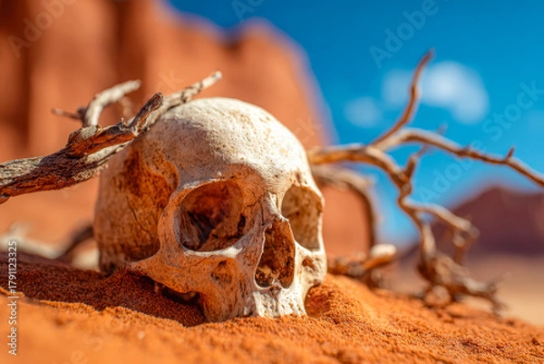 Fototapeta Desert skull with dry branches in a harsh arid landscape