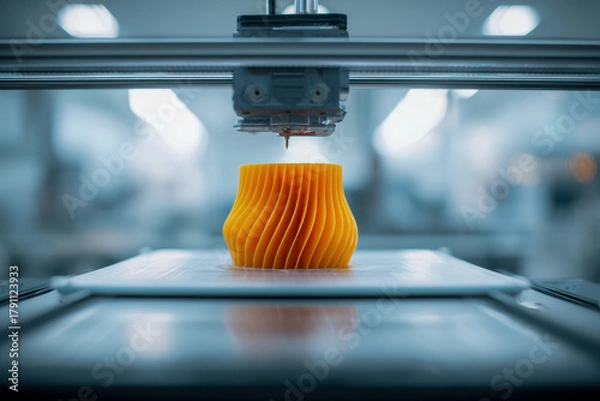 Fototapeta Innovative 3d printing process creating a detailed vibrant orange geometric vase with spiral design in a modern industrial setting