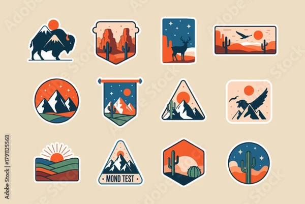 Fototapeta Desert  Mountain Badge Stickers Set Vintage Adventure Travel Graphics