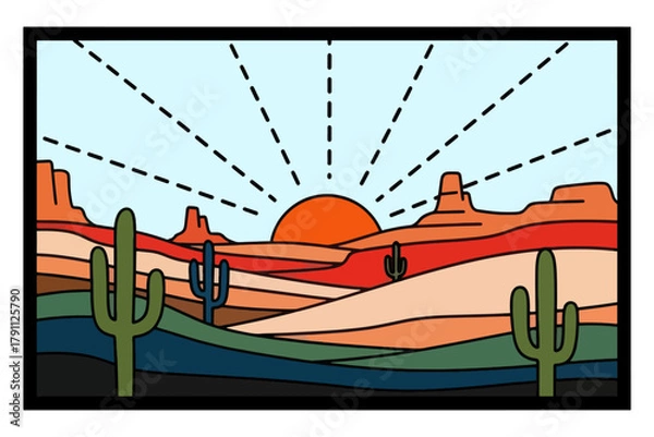 Fototapeta Desert Landscape Illustration Sunset, Cacti, Southwestern USA, Vector Art