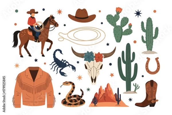 Fototapeta Cowboy Western Elements Set, Horse Riding, Cactus, Skull, Boots, Vector Illustration