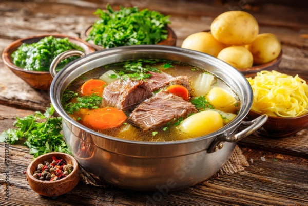 Fototapeta Hearty homemade beef stew with tender meat chunks, potatoes, carrots, and fresh herbs served in a rustic metal pot on a wooden table with seasoning bowls nearby