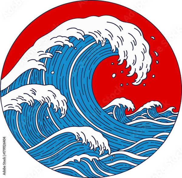 Fototapeta Japanese Wave Art Red Circle Crest, Ocean Waves Illustration