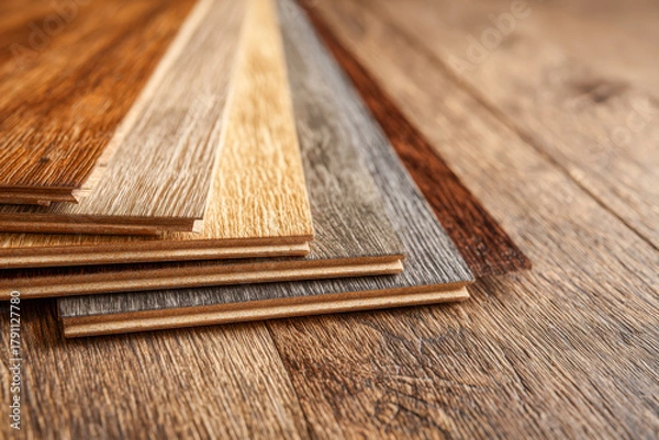 Fototapeta Various shades and textures of wooden laminate flooring samples arranged on a rustic wooden surface showcasing home improvement options and interior design ideas