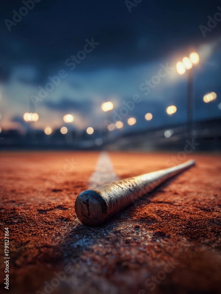 Fototapeta Wooden baseball bat laying on red dirt near home plate under glowing stadium lights during dusk on an empty sports field