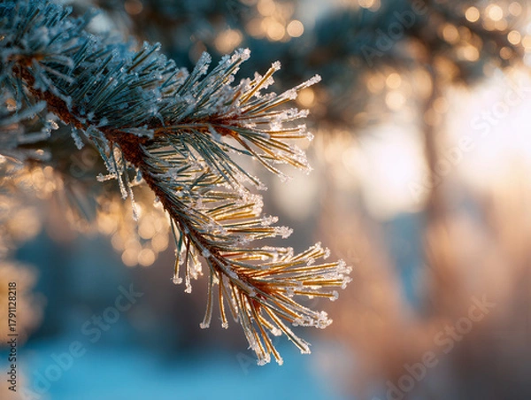 Fototapeta Frost-covered pine branch illuminated by warm morning sunlight with a soft blurred background showcasing a serene winter nature scene in golden hues