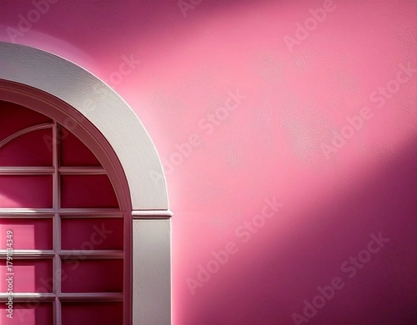 Fototapeta Minimalist Cropped Arch Window on a Bright Pink Wall with Sunlight and Shadow