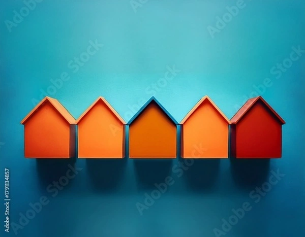 Fototapeta Symmetrical Row of Five Abstract House Silhouettes in Orange and Blue | Property Investment Concept
