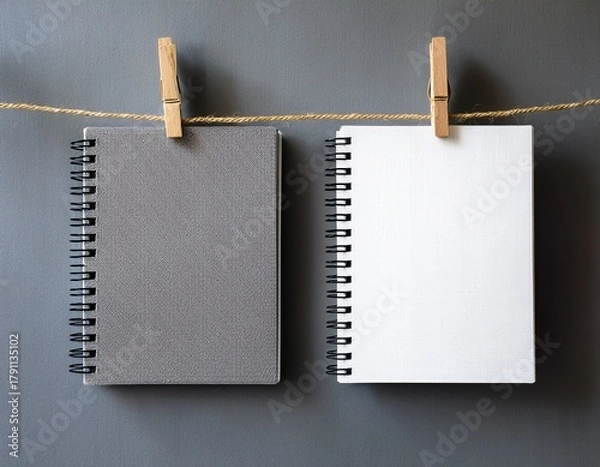 Fototapeta Blank Grey and White Spiral Notebooks Hanging on Jute Rope with Clothespins | Idea Mockup