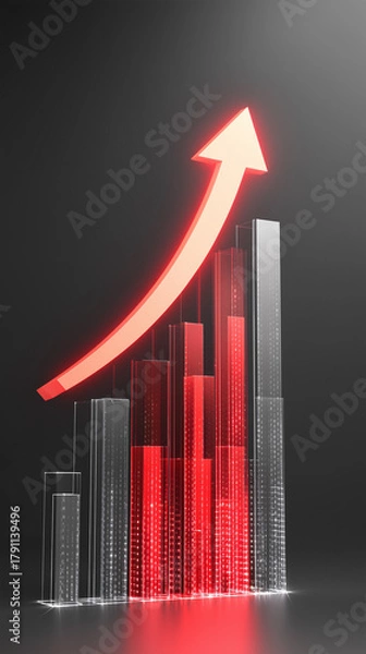 Fototapeta Bright glowing arrow rising upward on a dark background, symbolizing growth, success, and positive performance in business or finance