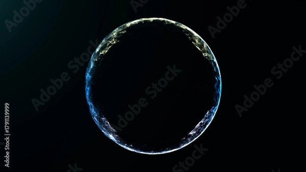 Fototapeta Bright energy ring made of glowing blue and yellow light particles on dark background. Futuristic abstract plasma circle in black space. Sci-fi sphere made of flowing luminous wave energy.