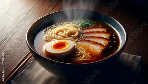 Fototapeta A close-up of a steaming bowl of Shoyu ramen. The broth has a visible oily sheen, with perfectly soft-boiled egg (Ajitama) and thin slices of Chashu pork. Steam rising visibly, dark blue ceramic bowl