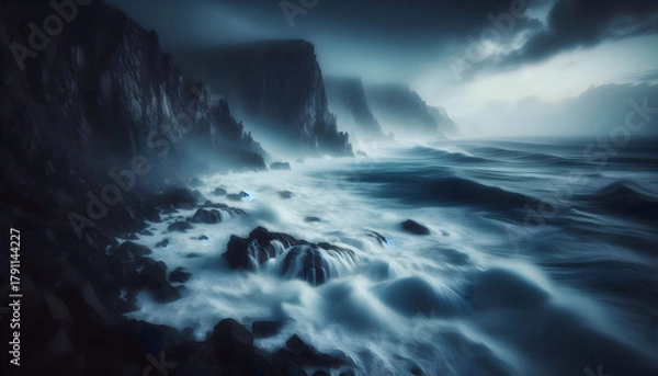 Obraz A dramatic, long-exposure photo of powerful ocean waves crashing against a rugged coastal cliff. Water is blurred into silky white foam. 