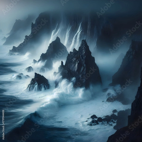 Obraz A dramatic, long-exposure photo of powerful ocean waves crashing against a rugged coastal cliff. Water is blurred into silky white foam. 