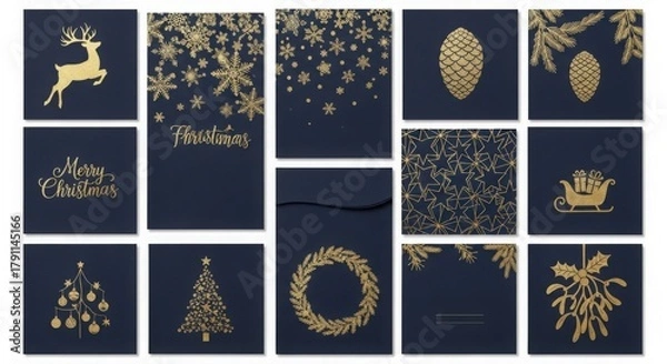 Fototapeta Elegant Gold Christmas Card Designs with Festive Motifs on Dark Navy Background Collection