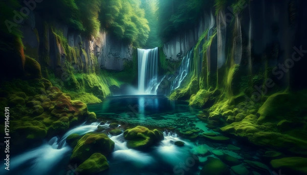 Obraz A breathtaking waterfall cascading into a serene pool in a deep forest canyon. Long exposure photography makes the water look smooth and silky. Green mossy rocks, misty air, 16k