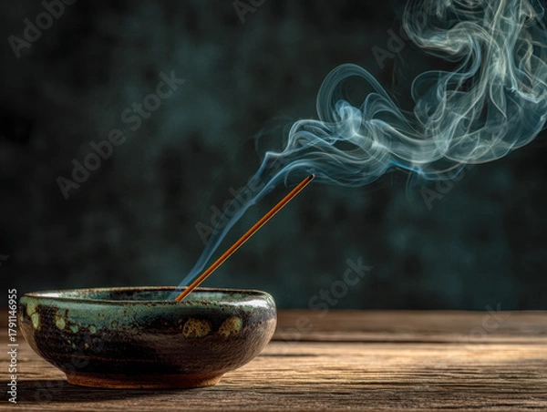 Fototapeta Burning incense stick releasing swirling smoke patterns placed in a rustic ceramic holder on wooden surface against dark blurred background