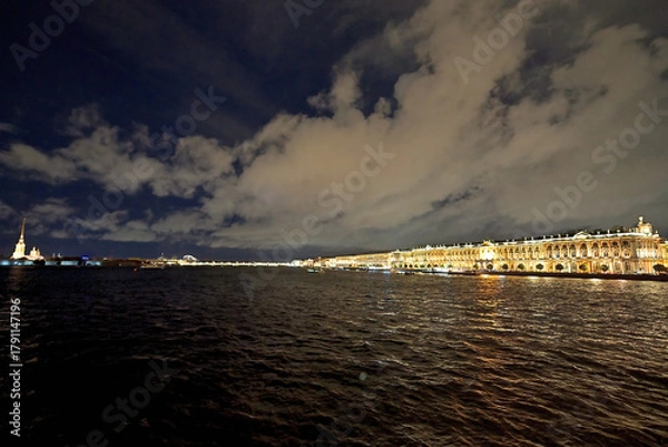 Obraz Night view of the Neva, the Winter Palace and the Peter and Paul Fortress in St. Petersburg.