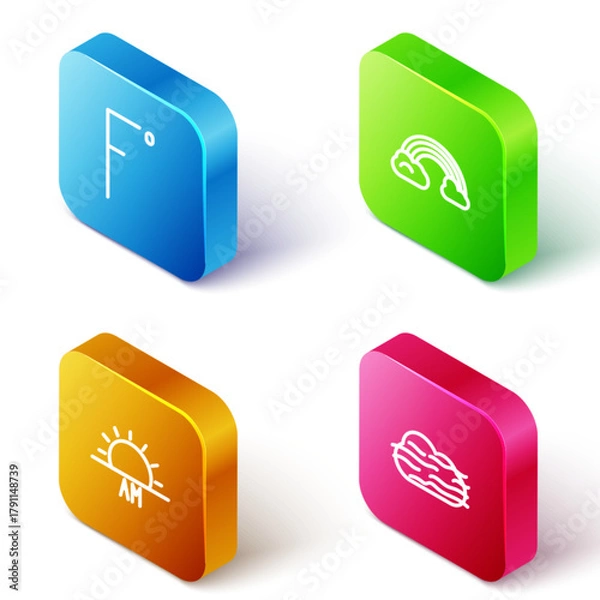 Fototapeta Set Isometric line Fahrenheit, Rainbow with clouds, Sunrise and Fog and icon. Vector