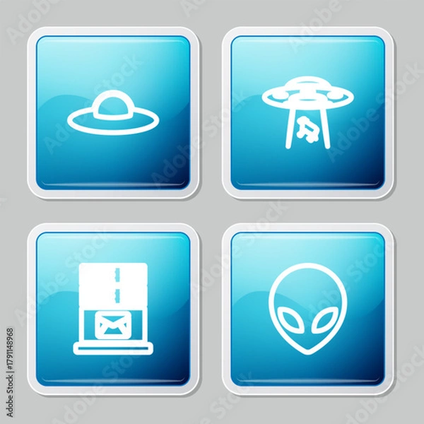 Fototapeta Set line UFO flying spaceship, abducts cow, Mail server and Alien icon. Vector