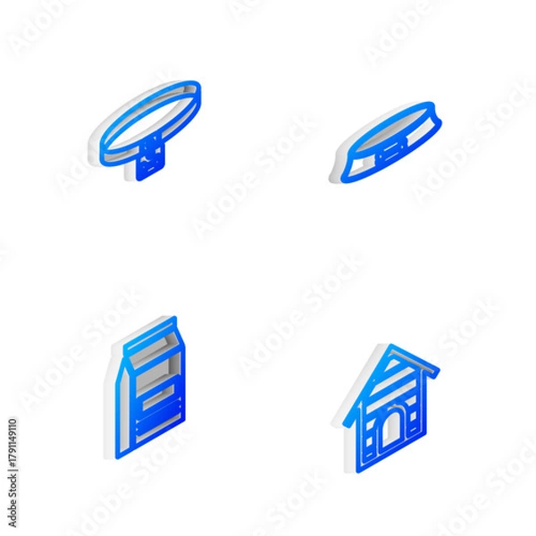 Fototapeta Set Isometric line Pet food bowl, Dog collar, Bag of and house icon. Vector