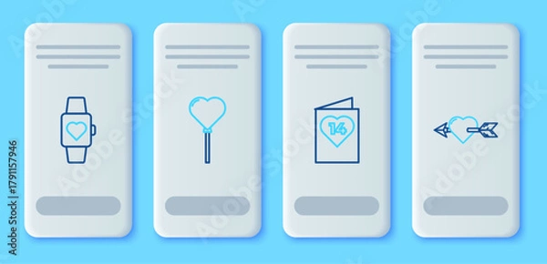 Fototapeta Set line Balloons in form of heart, Valentines day flyer with, Heart the center wrist watch and Amour and arrow icon. Vector