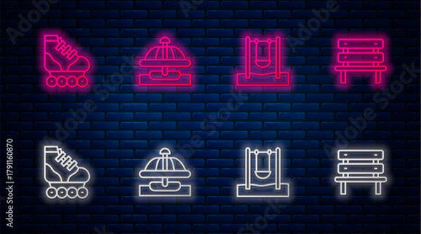 Fototapeta Set line Attraction carousel, Swing, Roller skate and Bench. Glowing neon icon on brick wall. Vector