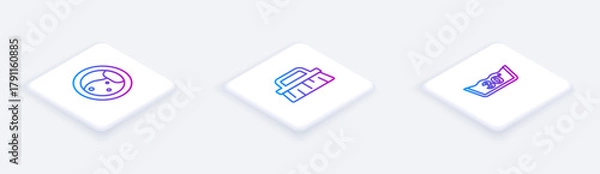 Obraz Set Isometric line Washer, Brush for cleaning and Temperature wash. White square button. Vector