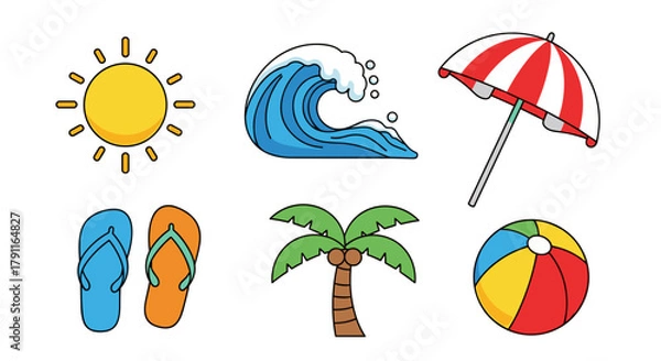 Fototapeta Illustration of beach themed objects including sun wave and palm