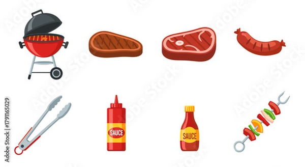 Fototapeta Illustration of barbecue grill with meat and sauce condiments items