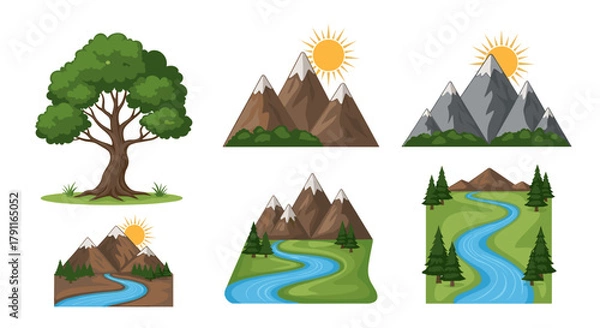 Fototapeta Illustrative landscape elements featuring mountains trees and rivers