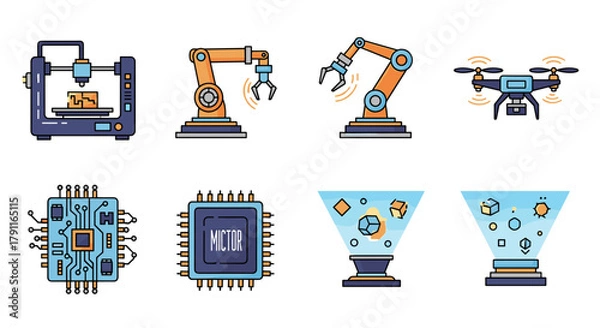 Fototapeta Illustration of technology icons including robotics and processors