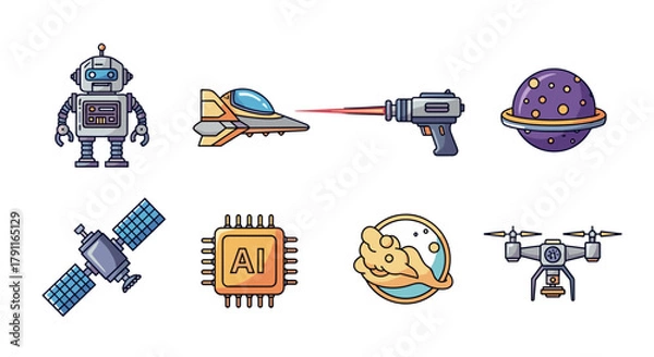 Fototapeta Illustration of futuristic technology and space exploration icons
