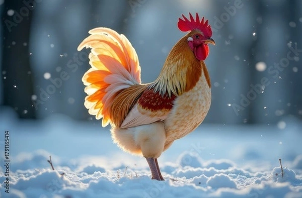 Obraz Rooster on a snowy background. Year of the Rooster.