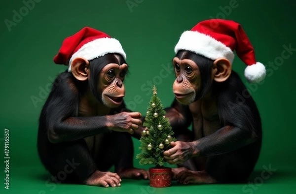 Obraz Cute monkeys in Santa hats on a plain green background with a Christmas tree