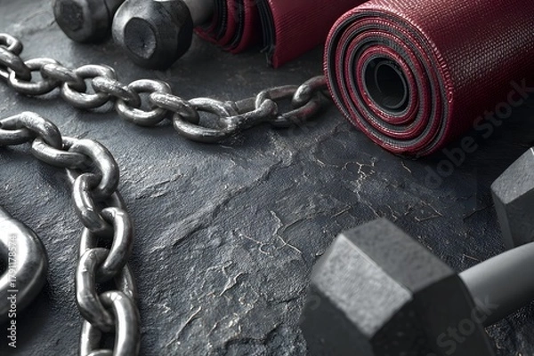 Obraz Rusty chain is hanging from a rock, with a red mat on top of it. The chain appears to be old and worn, while the mat is vibrant and eye-catching. The scene gives off a sense of nostalgia