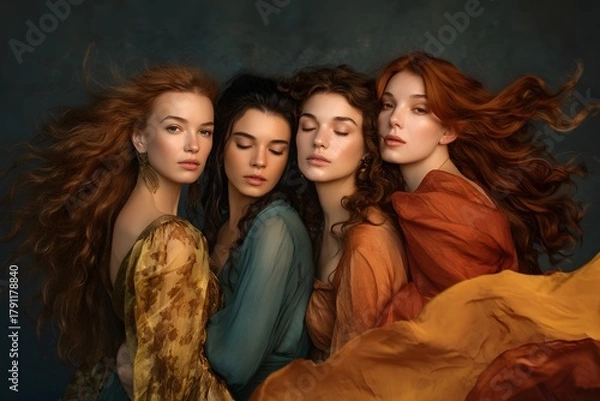 Fototapeta Four women with long hair are posing for a photo. They are wearing colorful dresses and are hugging each other. Scene is warm and friendly, as the women seem to be enjoying each other's company