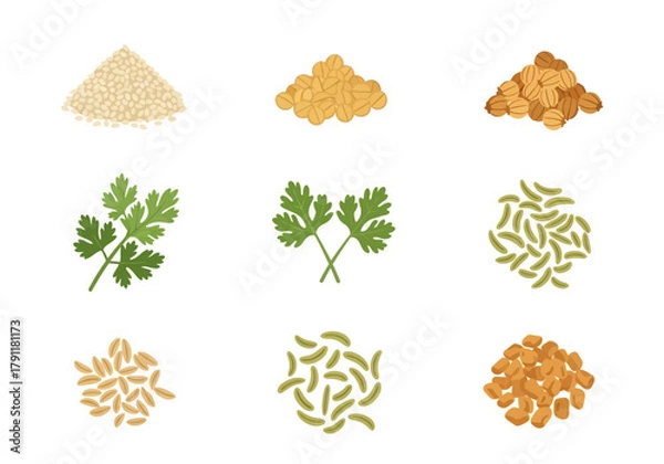 Obraz Grid illustration of nine different spices and herbs seeds and leaves